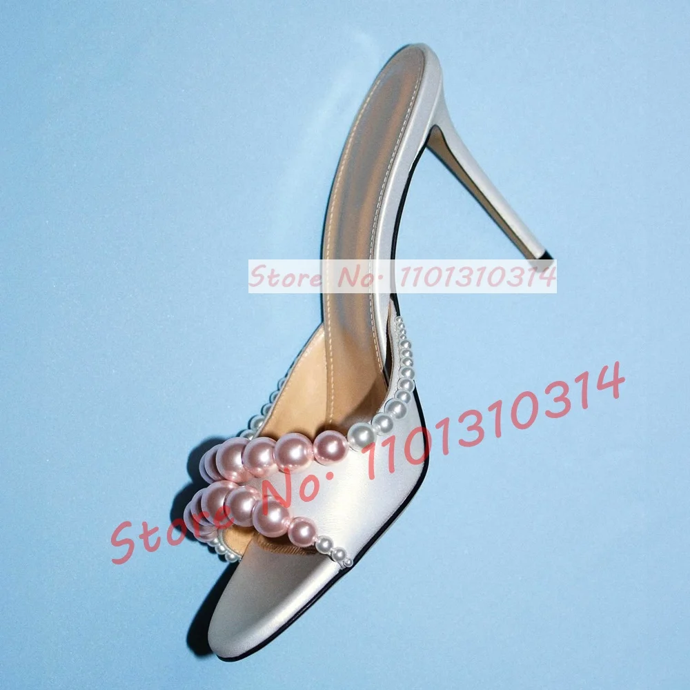 Shiny Pearl Satin High Heel Slippers Women White Elegant Open Toe Wedding Sheepskin Thin Heels Sweet Girls Summer Holiday Mules