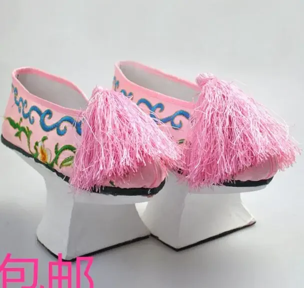 Chinese Qing Dynasty Princess Shoes Women High Heel Embroidered Ancient Performance Stage Vintage