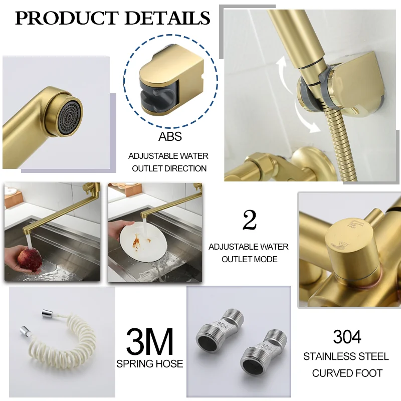 In-Wall Brushed Gold Extra Long Spout Kitchen Sink Faucet Black Hot Cold Double Hole Washbasin Mixer Water Tap Stainless Steel