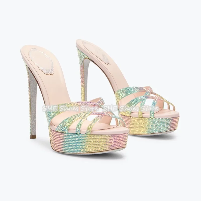 

Rainbow Rhinestone Narrow Band Open Toe Platform Women Sandals Fashion 2025 Summer High Heel Ladies Dress Shoes Outside Pumps