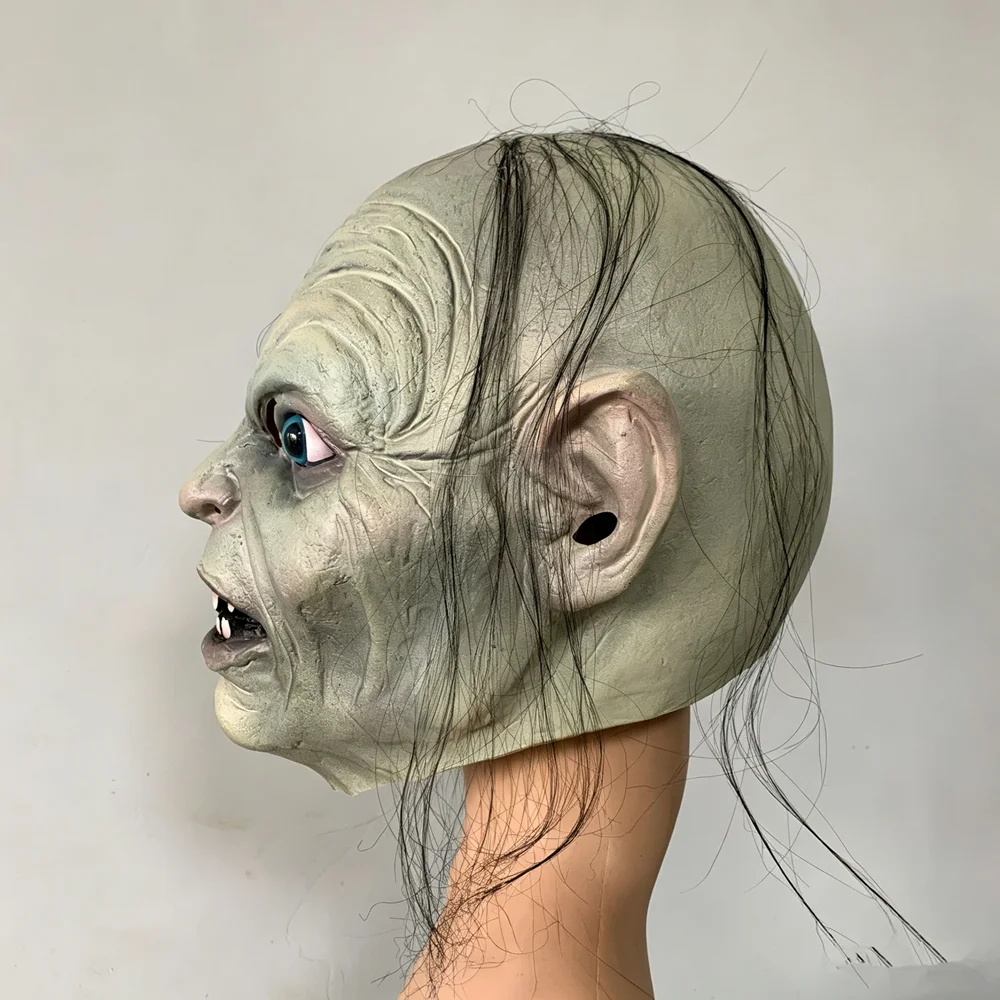 Gruselige Monster-Latexmaske mit Haaren und Spitzohren, Schreckliches Kreatur-Kopfteil für Halloween-Cosplay, Maskerade-Party-Kostüm-Requisiten – Detail 12