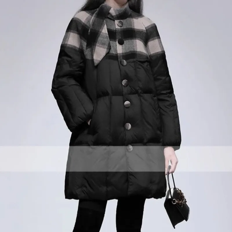 Winter new style elegant stand up collar with built-in scarf fabric splicing lantern sleeves down jacket for women