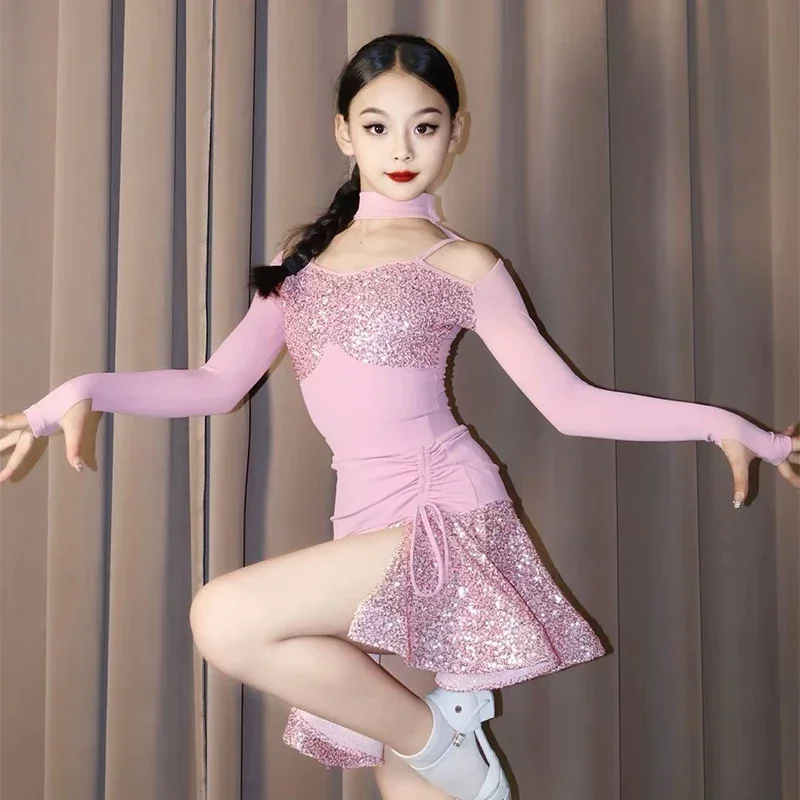 女の子ラテンダンスドレススパンコールブラックピンクパフォーマンス衣装長袖ドレススーツ子供ラテン競技ドレス