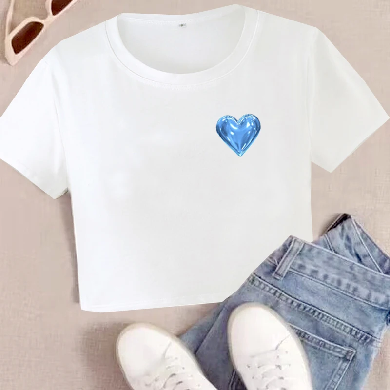Shiny Pink Heart Print Cropped Tops Y2k T-Shirt Women Contrast Patchwork Short Sleeve O Neck Baby Tees Sexy Kawaii Cute Clothes image 6