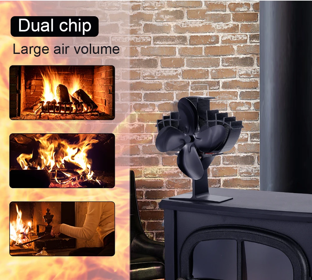 Stove Fan Heat Powered Double Fireplace Fan Log Wood Burner Eco-fan Quiet 4 Blades Fireplace Fan Home Warm Heat Distribution