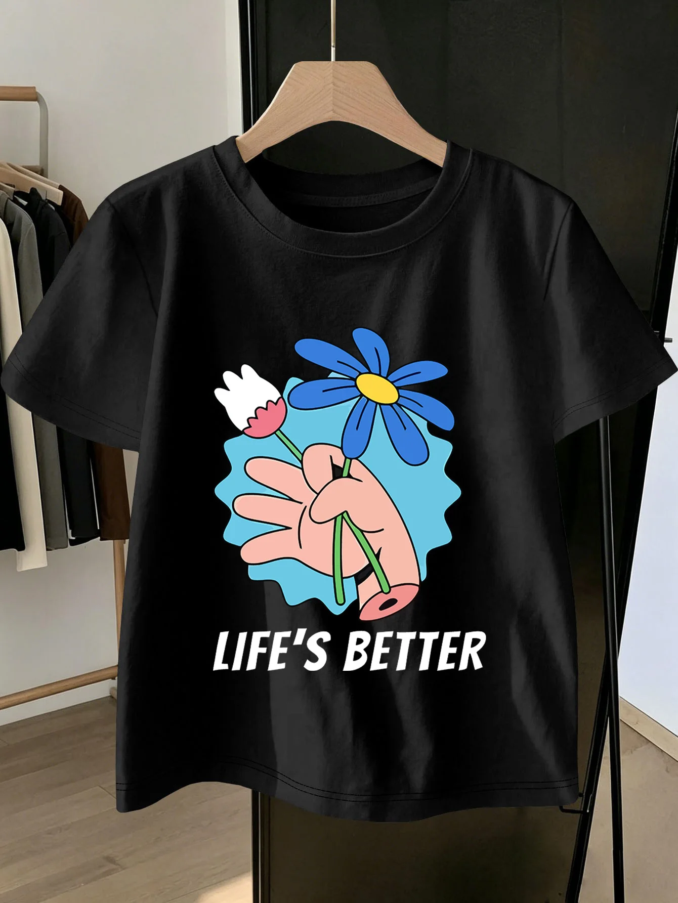 Cute Life Is Better Flower Print Graphic Kids Tee Boys Girls Family Matching Cotton Crew Neck Short Sleeve Soft Summer Tee