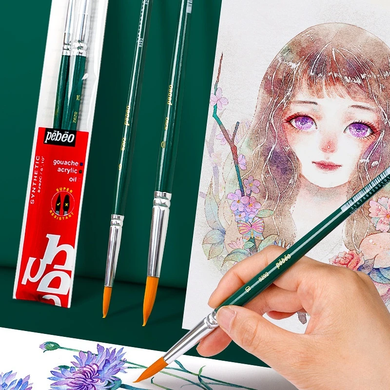 

Pebeo 2 шт. миниатюрная ручка с крючком, художественные кисти для рисования, нейлоновая кисть для рисования волос, гуашь, акварель, масляная краска, художники, ручная роспись