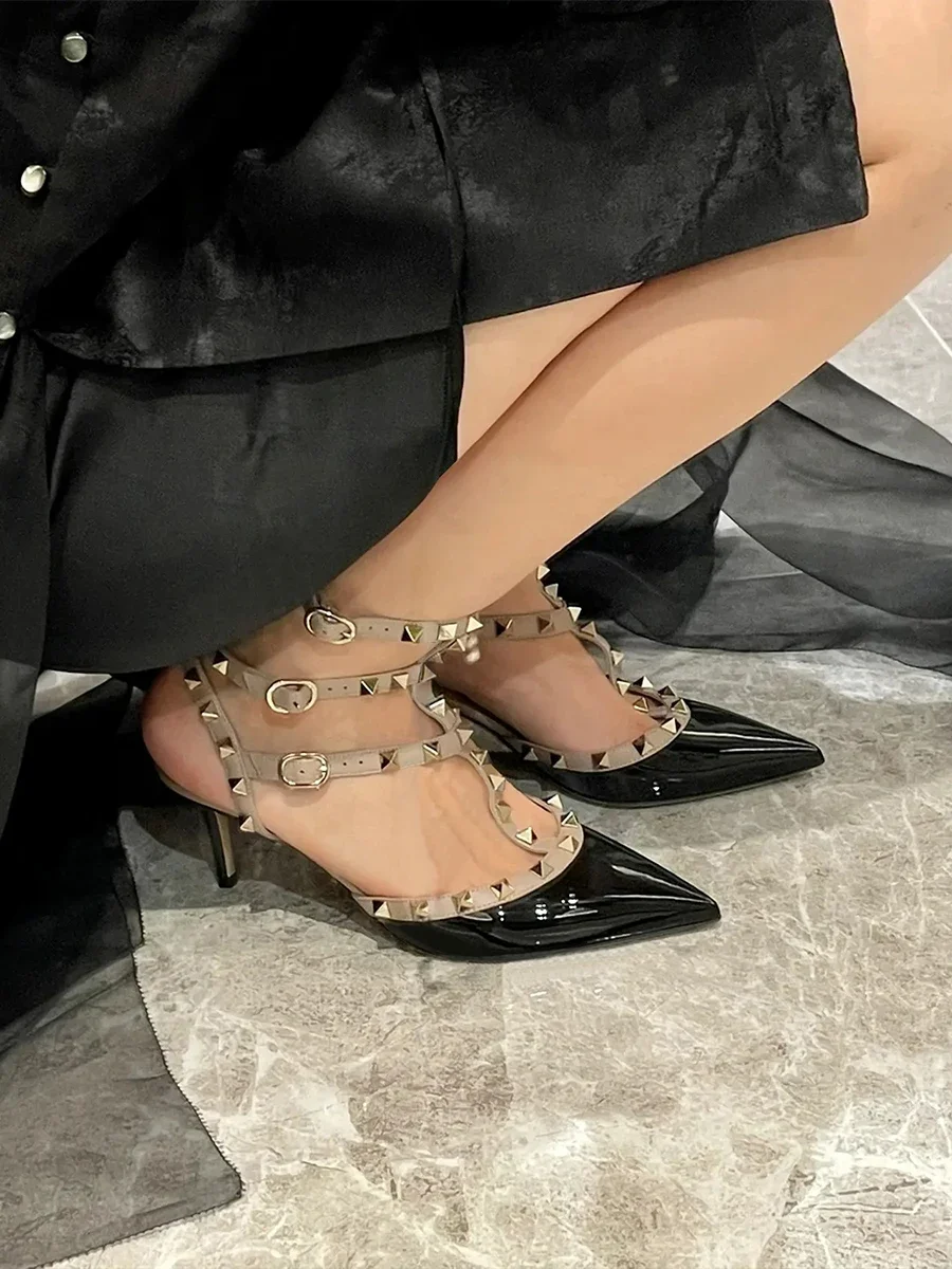 luxury 2024 Brand Woman shoes Women\'s sandals Rivets Leather Pointed High Heels Designer Classic Ankle Strap Ladies Shoes 6cm