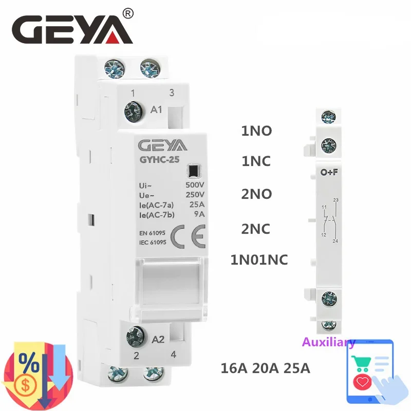 GEYA Household Modular AC Contactor AC220V 2P 16A 20A 25A 1NO 1NC 2NO 2NC 1NO1NC Auxiliary Contactor