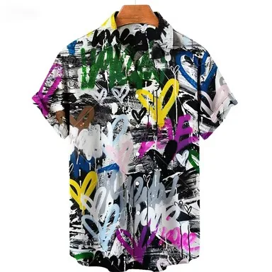 Retro Trendy Cool Graffiti Short Sleeved Flower Shirt Creative Letter Love Art Niche Design Loose Flip Shirt