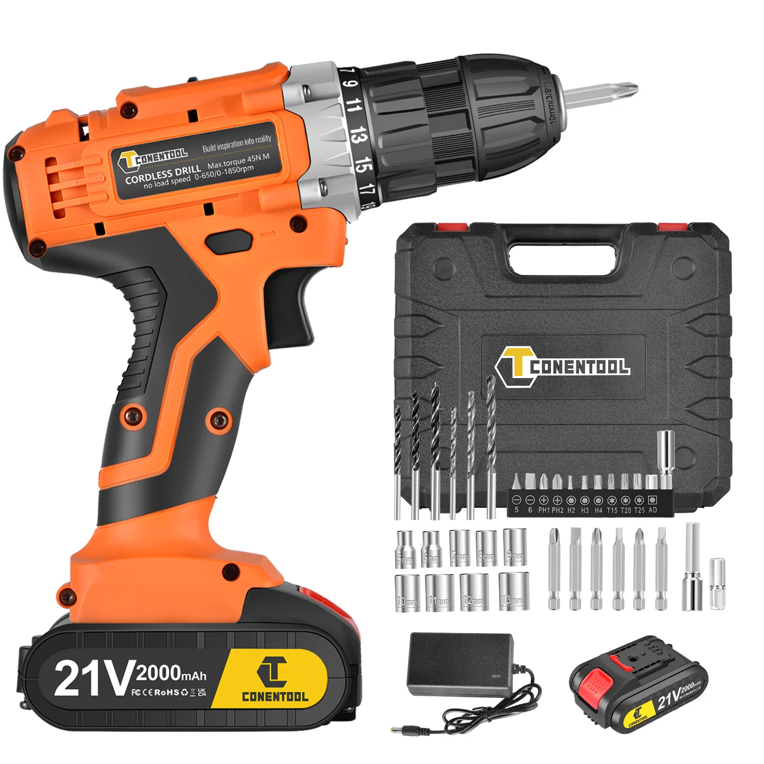 CONENTOOL 21V Cordless Drill Driver, Powerful Electric Tool with Battery and 36-Piece Accessory Set for Home and DIY Projects