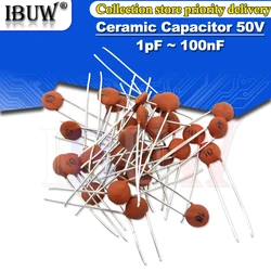 100pcs Ceramic capacitor 50V 1pF ~ 100nF 0.1uF 104 4.7PF 10PF 22PF 33PF 47PF 100PF 101 220PF 10NF 330PF 470PF 1NF 103 47NF ibuw