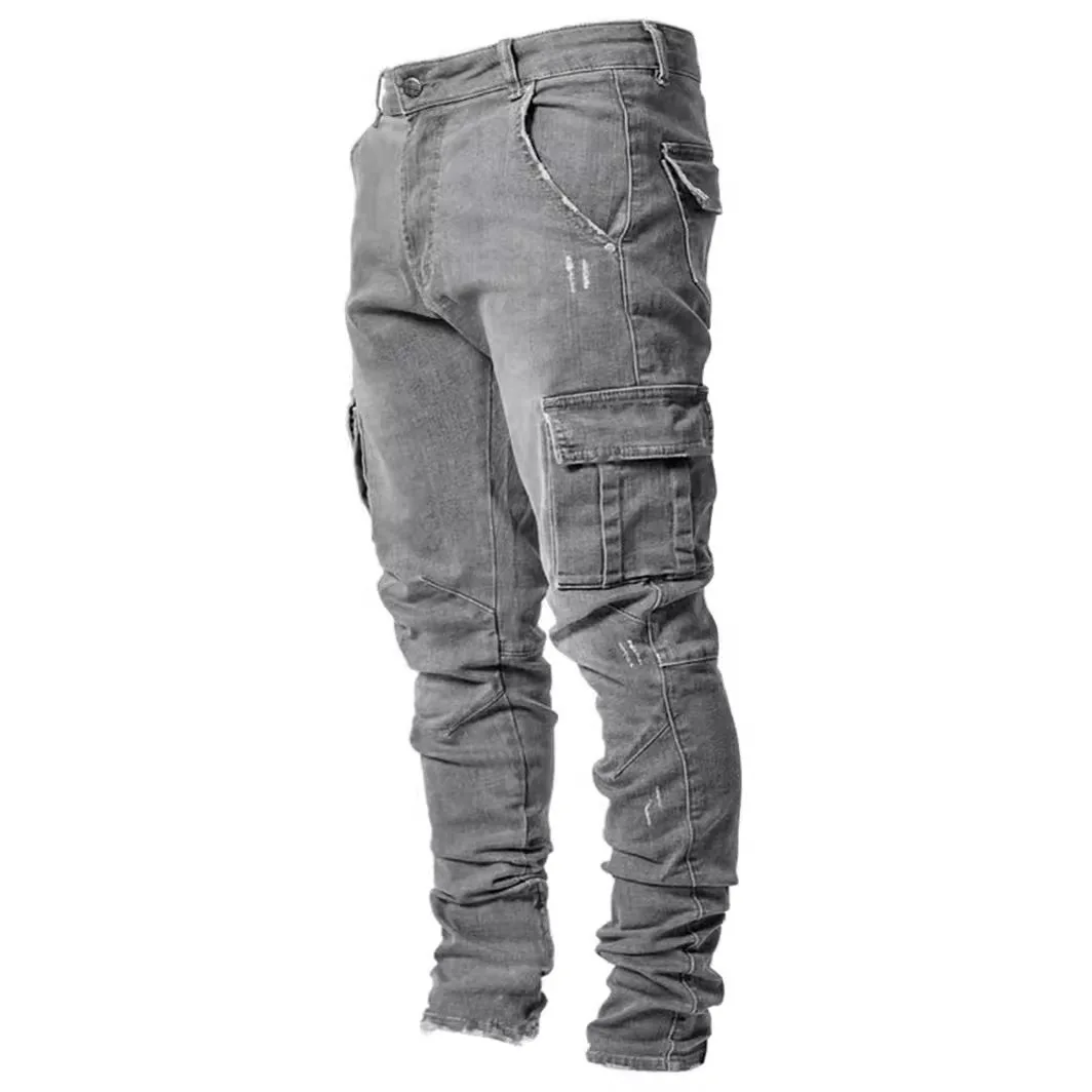 Pantalones vaqueros rasgados de estilo callejero Punk para hombre, Jeans ajustados de estilo Vintage, pantalones de mezclilla sólidos lavados, pantalones de lápiz de bolsillo ajustados informales, 2024