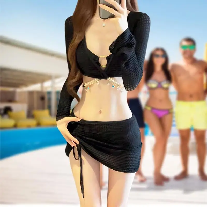 3 Piece Bathing Suit Sets For Women Long Sleeve Halter Ring Vacation Outfits Beach Swimsuit With Cover Up Skirt Beach Swimwear