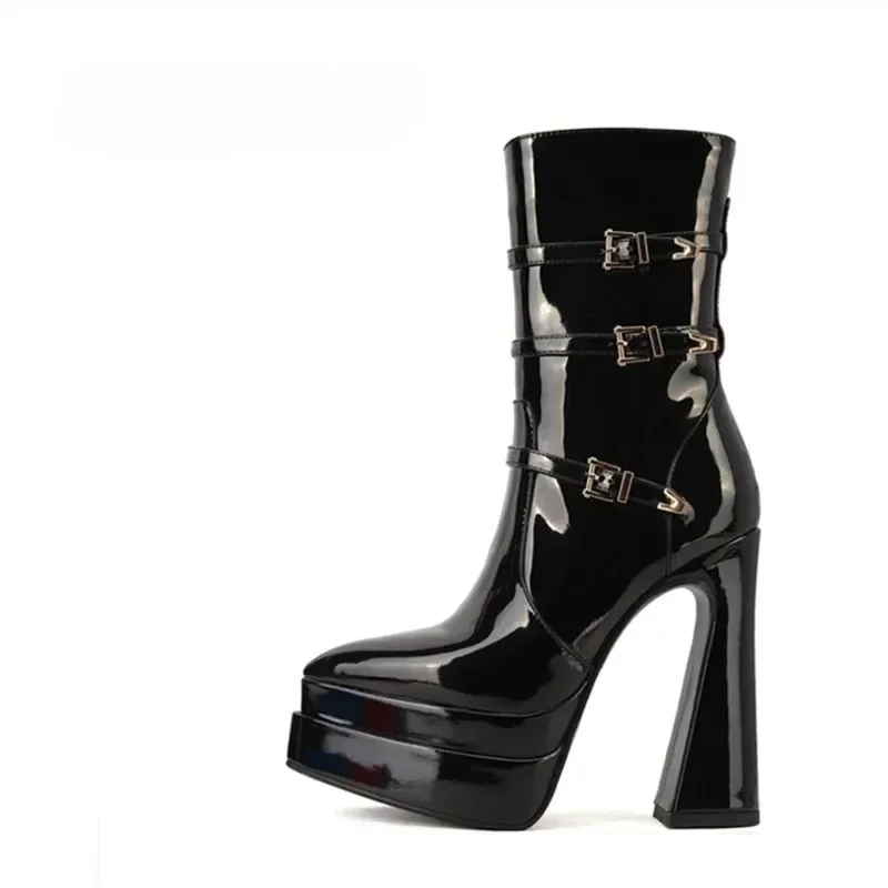 

European And American Fashion Buckle Decoration Side Zipper Thick High-heeled Short Boots For Women Pointed Fashion Runway Shoes