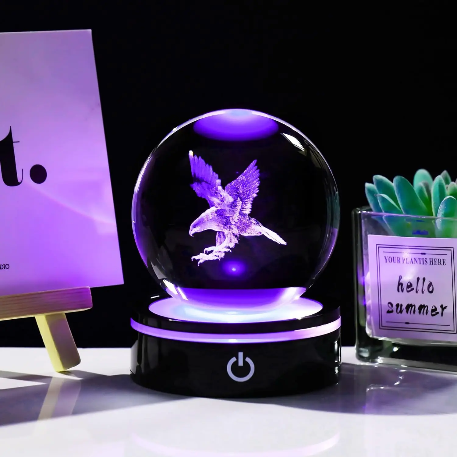 3D Eagle 8cm Crystal Ball with Colorful LED Base Decorative Glass Sphere Souvenir Graduation Gifts Home Decoration Ornaments