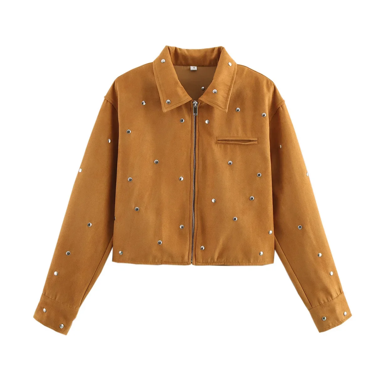 Pop Spring New Women's Fashion Outerwears Jacket Versatile Rivet Decorative Suede Jacket Coat  Autumn Long Sleeve Short Coats