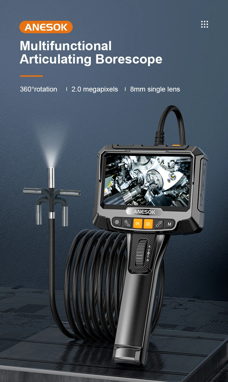 

5 Inch IPS Handheld Rotating Endoscope 6mm/8.5mm Borescope 2Way 360° Steering Camera HD 1080P For Machine Inspection