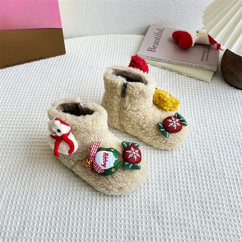 

2025 Winter Children's Fashion Plush Boots New Santa Claus Girl Warm Furry Ankle Boot Cotton Versatile Kids Causal Snow Boots