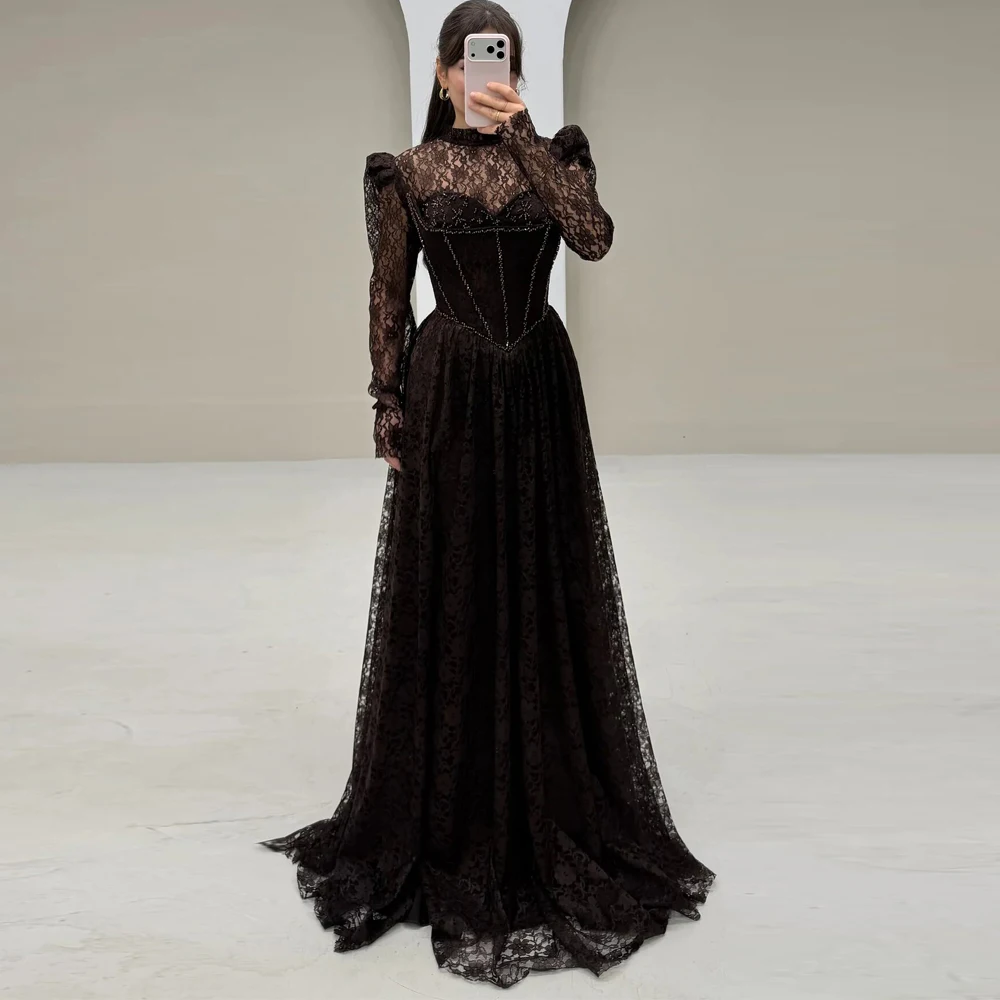 

Customized Full Lace Evening Dress with Sleeves High Colar Beading Corset Formal Occasion Dress Brown Wedding Guest Party Gown