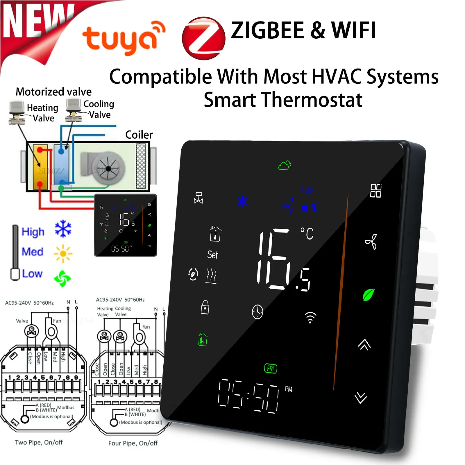 

Tuya ZigBee Digital Display Smart Temperature Controller Hvac Thermostat 3 Speed Heating Cooling for Air Conditioning Controller