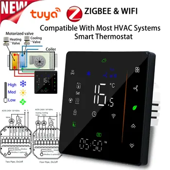 Tuya ZigBee Digital Display Smart Temperature Controller Hvac Thermostat Air Conditioner Controller 3 Speed ​​Heating Cooling