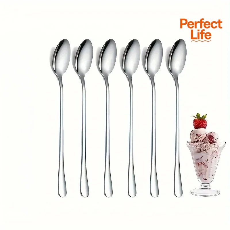 1/6Pcs stainless steel coffee spoons, pointed mixing spoons, round spoons, and ice spoons long handled spoons thickened