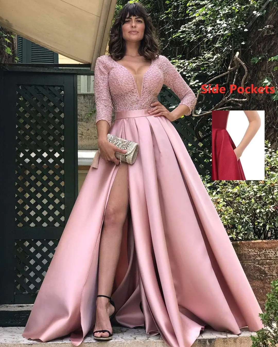 Deep V-Neck Satin Prom Dress for Women, 3/4 Sleeve Formal Evening Gown with Pockets, Elegant Party Dress