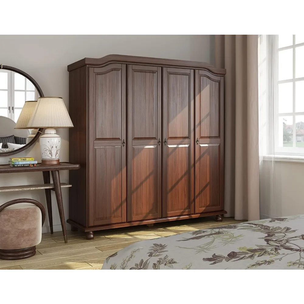 

4-Door Wardrobe Armoire Closet with Raised Panel Doors, Mocha, Renewable Eco-Friendly Wood, Freestanding Closet Wardrobes