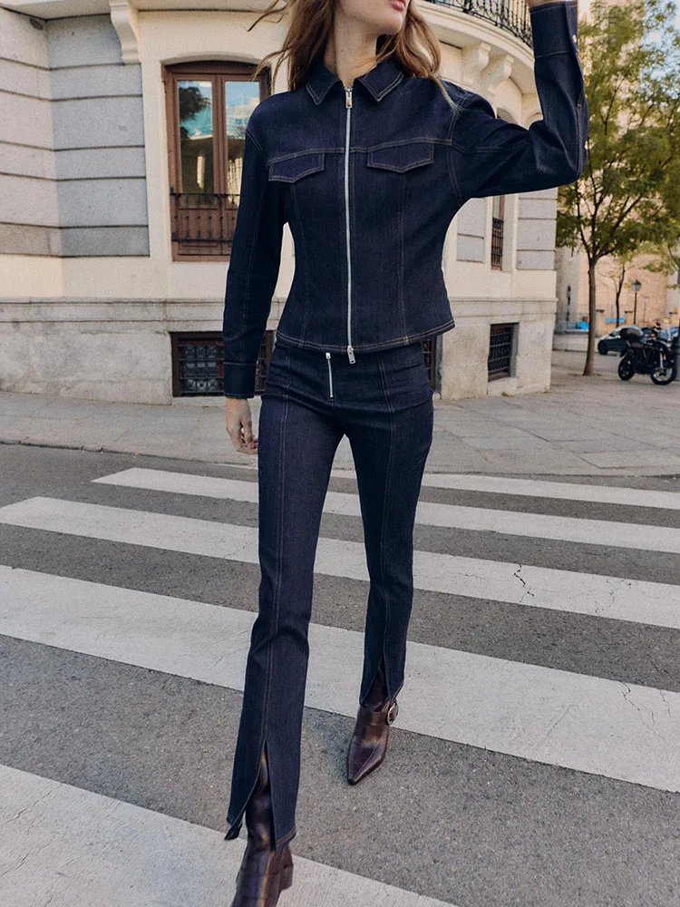 

Winter New Women's Denim Jaet Coat Slim Fit Casual Sle Long Sve Zipper ort Length Outerwear for Ladies