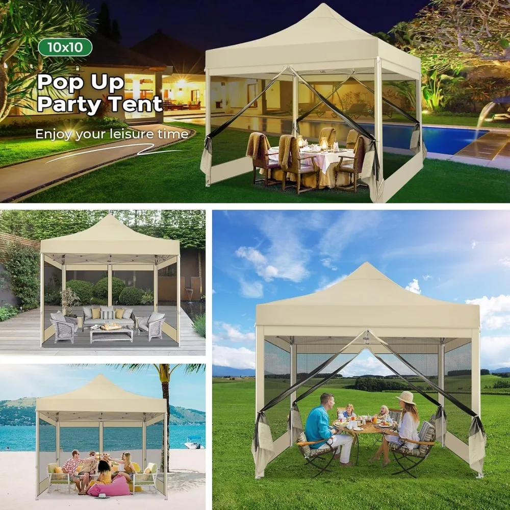 10x10 Heavy Duty Pop Up Canopy Tent with 4 Sidewalls, Commercial Gazebo Party Tent with Mosquito Netting Wall Easy