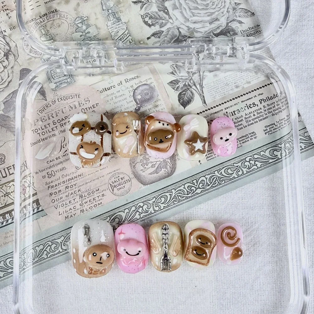 Cartoon Niedlicher Rosa Hase Dessert Liebesbär Ellipsen-Nagelkunst 3D Stern Schmetterling Knoten Flügel Punkt-Muster Künstliche Nägel Geburtstagsgeschenk – Detail 23