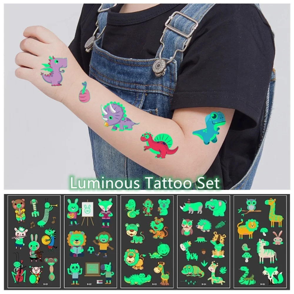 Cartoon Tattoo Set Camping Luminous Tattoo Sticker For Children Unicorn Temporary Waterproof Tatto Body Art Kid Fake Tatoo