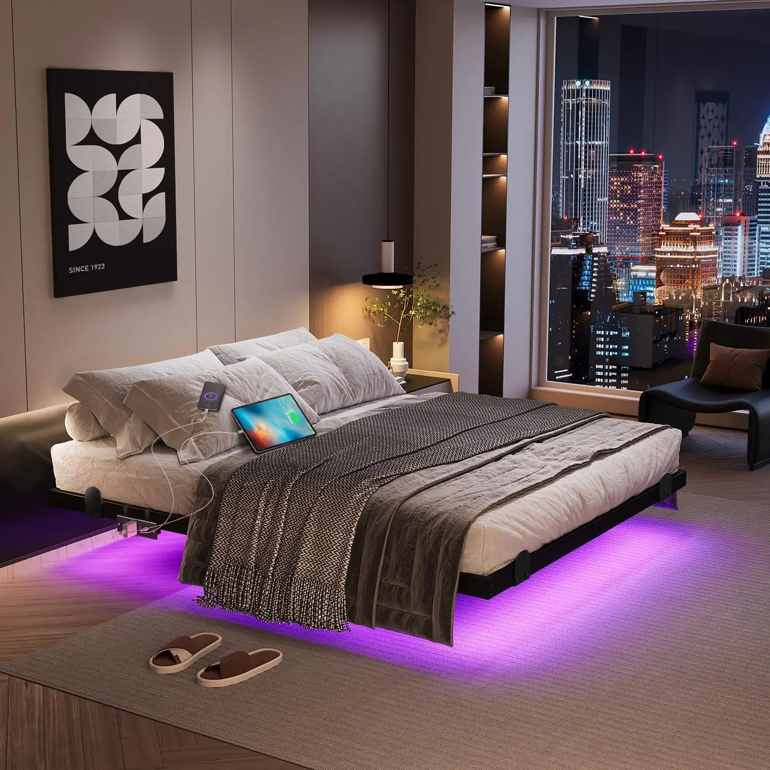 

Floating Bed Frame with LED Lights and Charging Station, 14 Inch King Size Floating BedFrame - Modern King Size Bed Fram