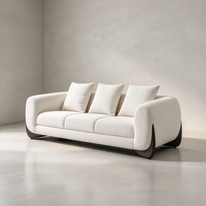 OAKEN Modern Living Room Boucle 3 Seater Sofa Minimalist Curved Arm Upholstered Couch with Solid Wood Base for Home Furniture