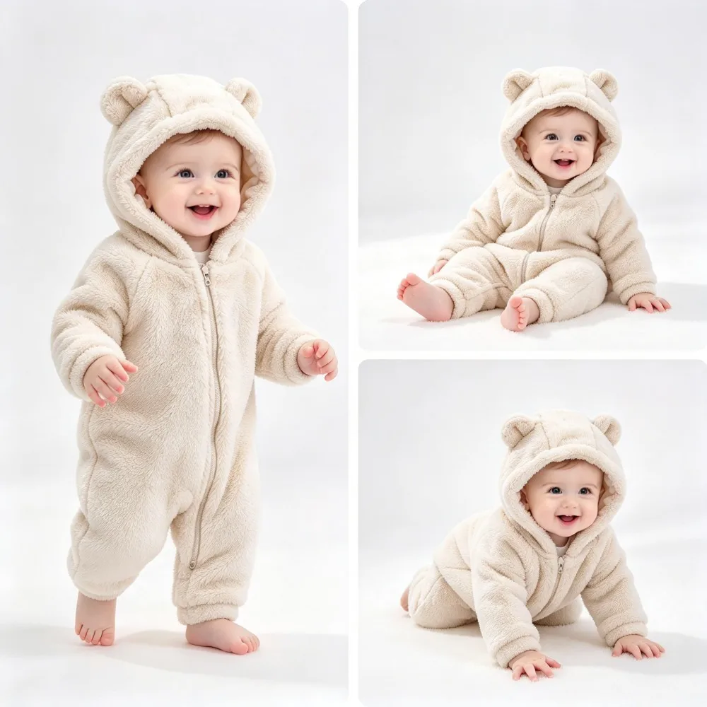 0-18M Newborn Baby Plush Jumpsuit Bear Ear Hooded Design Warm Fleece Long Sleeve Zipper Romper Infant Winter Daily Wear Bodysuit