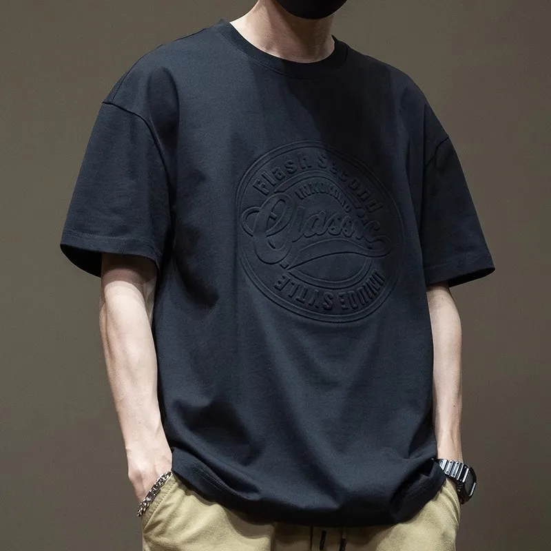 Men's Black Crew Neck Short Sleeve T Shirt With Emed Classic Logo Oversized Casual Streetwear Tee