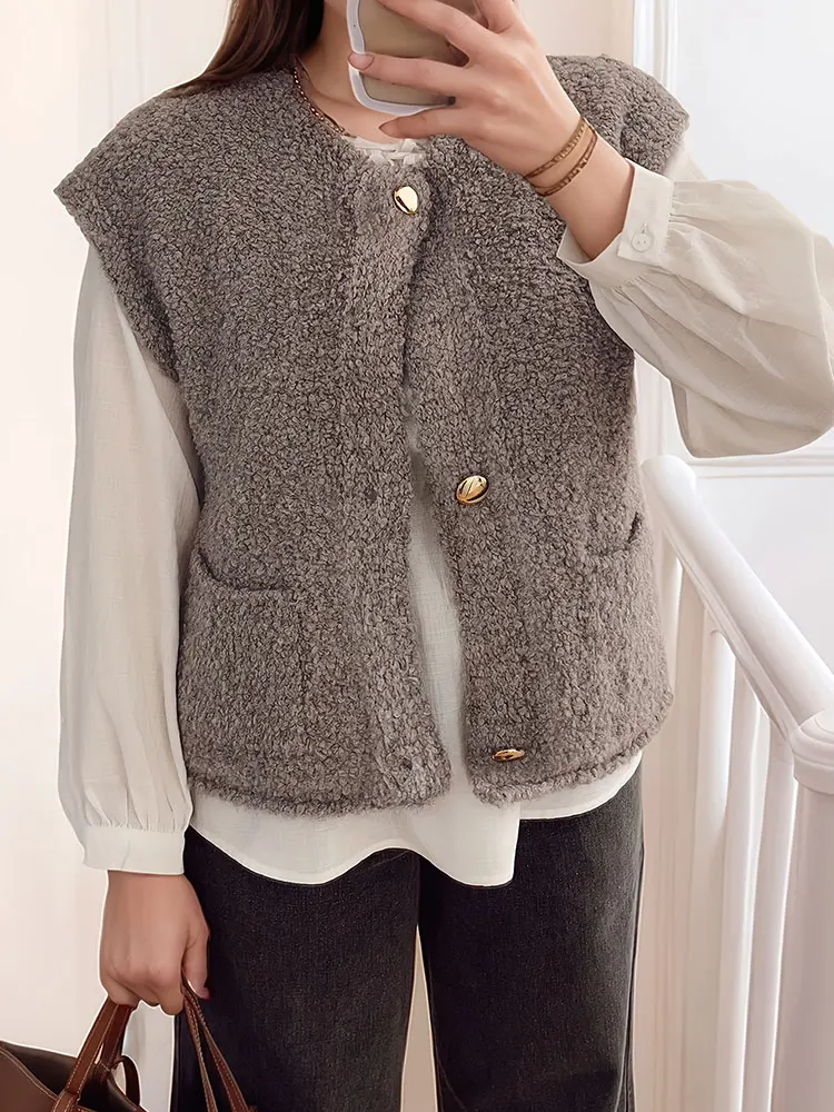 

New Large Pocket Wool Vest Gold Button Sleeveless Vest Cardigan Kpop Khaki Warm Women's Sweater Top All Match Elegant Vest Coat