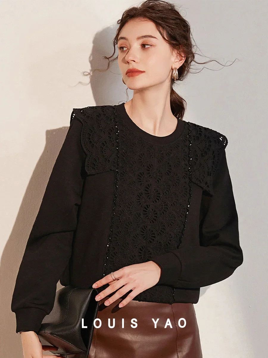 

LOUIS YAO 2025 Spring Autumn Fashionable Splicing Hoodie Creative Three Dimensional Embroidered Round Neck Top for Women