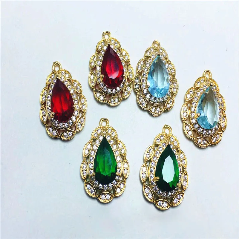 10 Buah/Tas Jimat Tetesan Air Kristal Zirkonia Lapis Emas untuk Membuat Perhiasan Gelang Kalung Anting Liontin Aksesori DIY