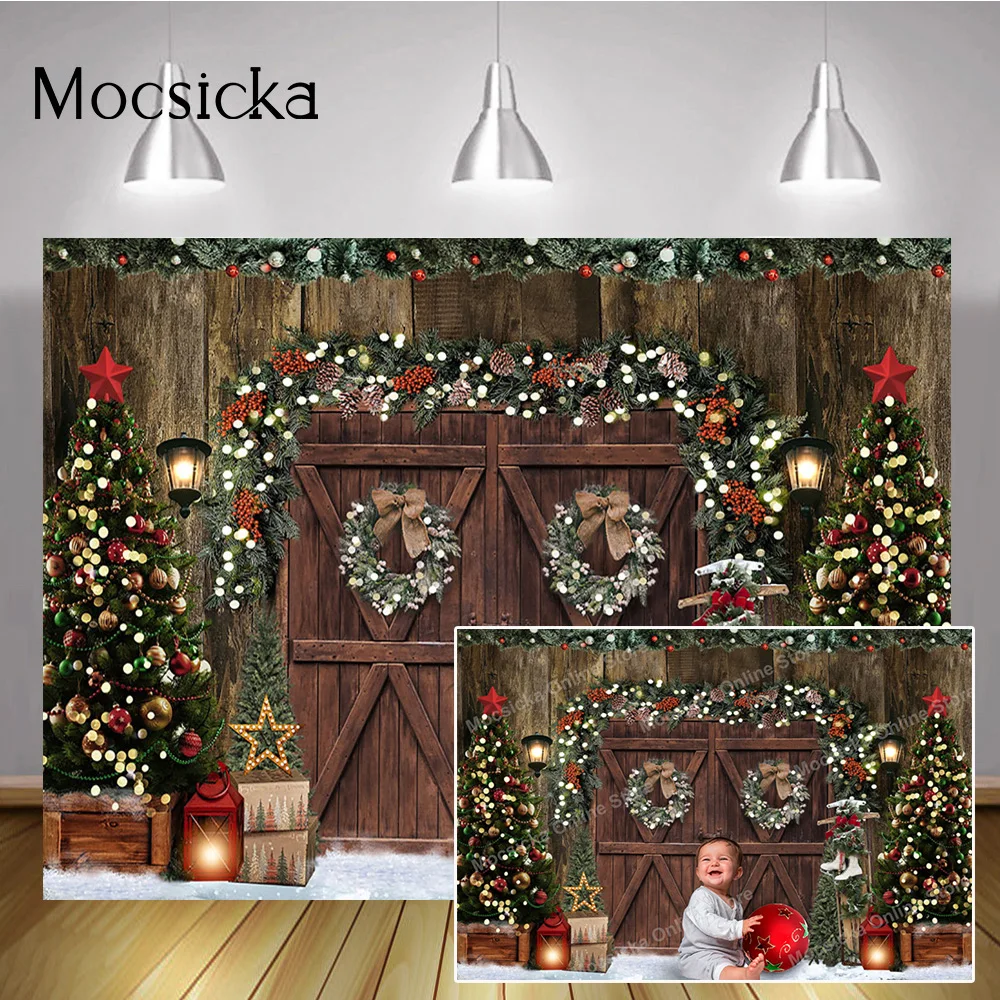 

Winter Christmas Rustic Barn Wood Door Photo Backdrop Xmas Tree Snow Birthday Portrait Background Wreath Holiday Party Decor