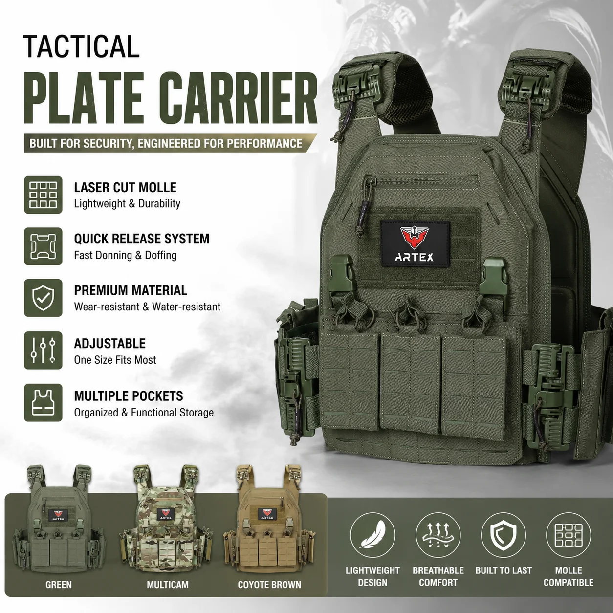 Chaleco Táctico Portaplacas Verde Ranger con Sistema Molle de Liberación Rápida, Chaleco Táctico Bandolier con Corte Láser