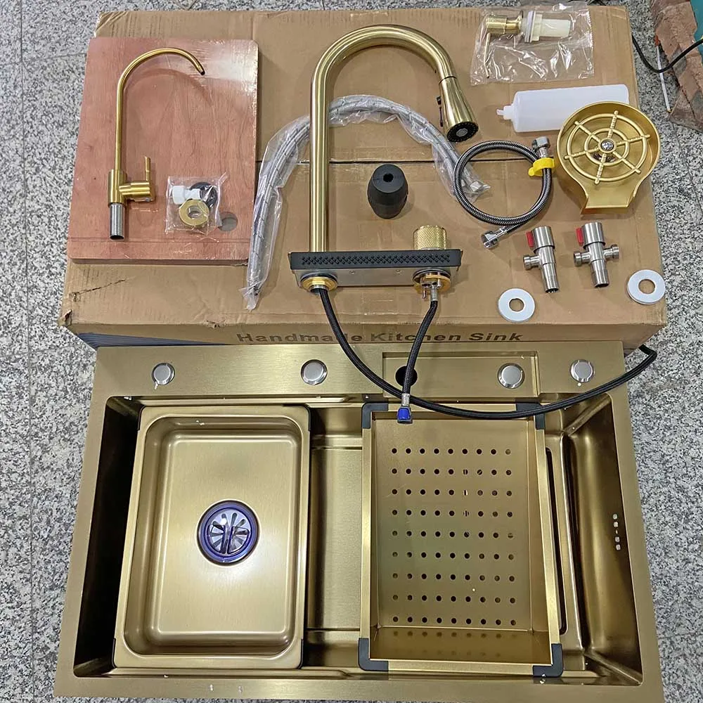 Modern Multi-Functional Kitchen Sink with Faucet 304 Stainless Steel Single Bowl Square Shape Waterfall Utility Design