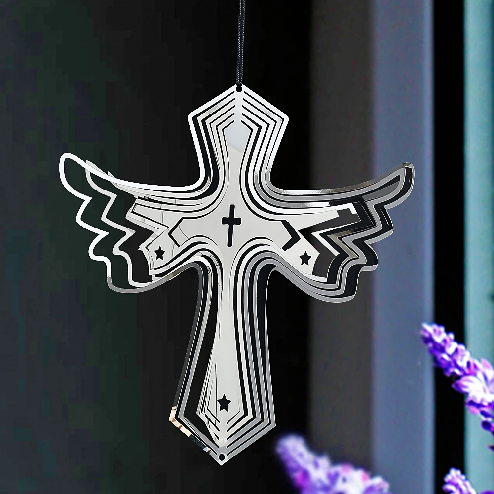 Angel Wing Cross Wind Spinner 3D Stainless Steel Christian Jesus Wind Chimes Catcher Parts Home Garden Christmas Hanging Decor