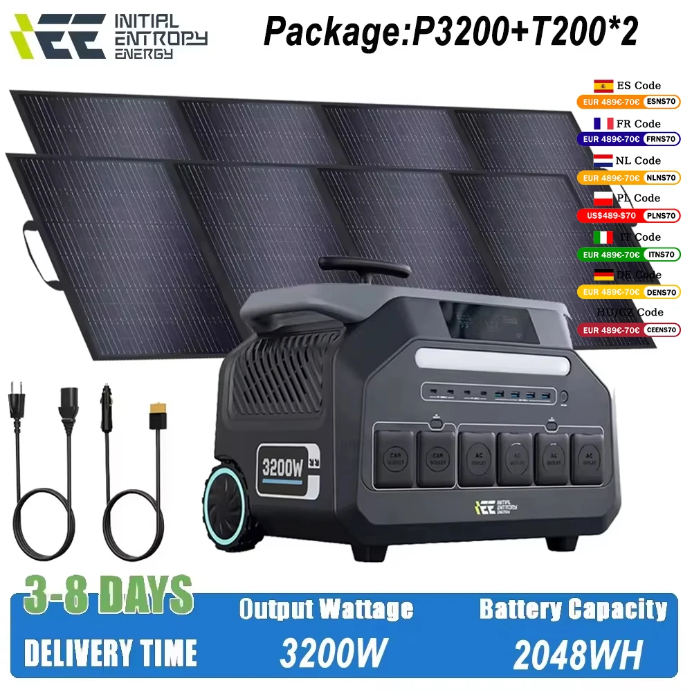 IEE P3200 2048Wh tragbarer Generator mit 2 Solarpanels 200W, 4 AC-Steckdosen, Akku für Zelte und Outdoor-Aktivitäten.