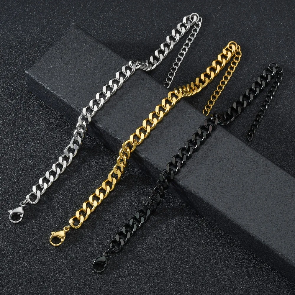 3-7mm Chunky Miami Curb Chain Bracelet for Men, Stainless Steel Cuban Link Chain Wristband Classic Punk Heavy Male Jewelry