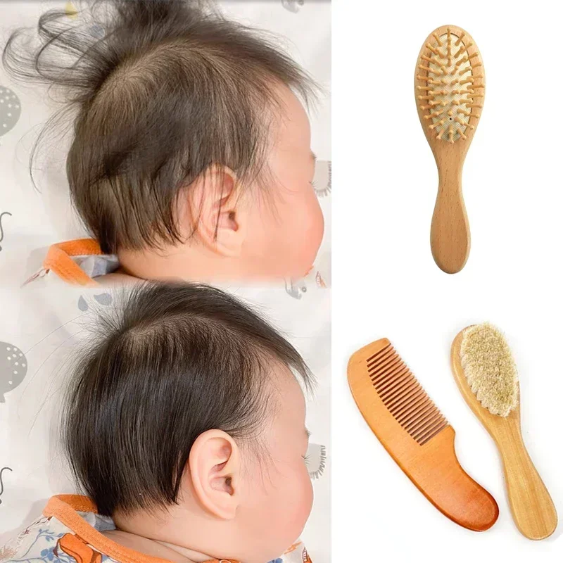 Brosse en bois pour nouveau-né, peigne en laine naturelle, masseur de tête pour bébé, brosse de bain portable pour enfants