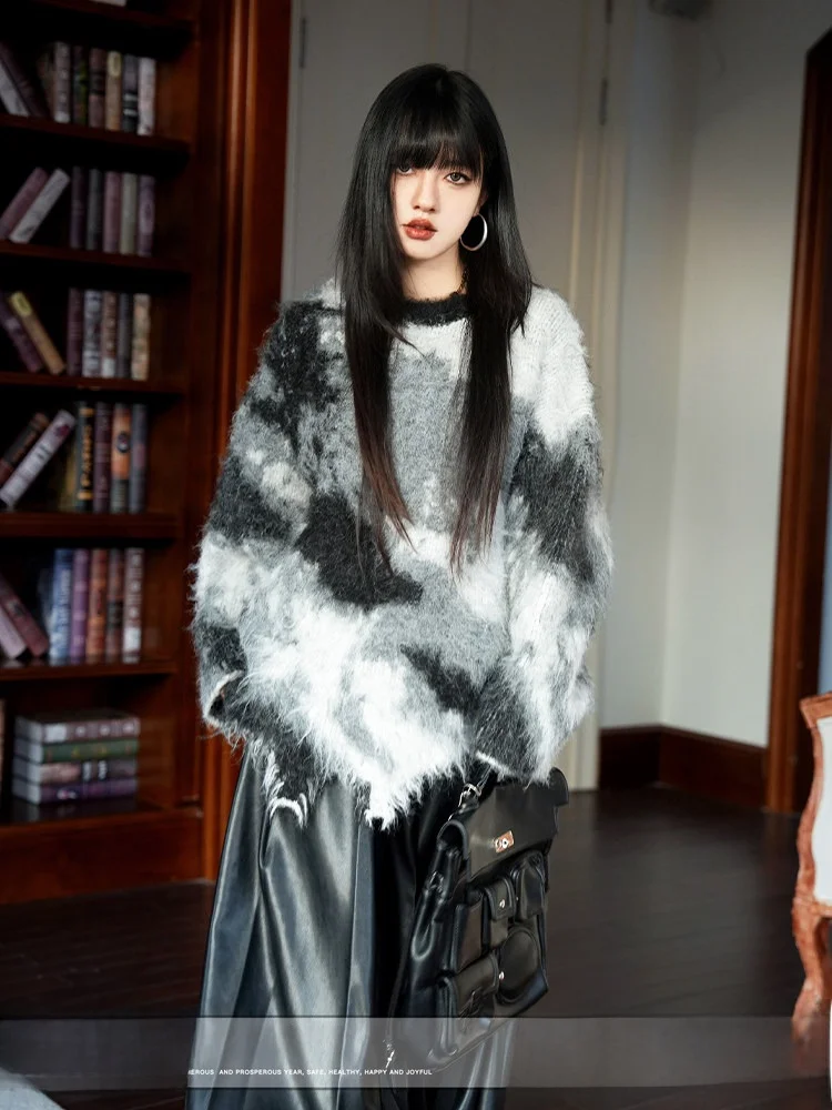 

Женский зимний вязаный свитер оверсайз свободного кроя с эффектом тай-дай, круглым вырезом, длинными рукавами, теплый, повседневный, модный