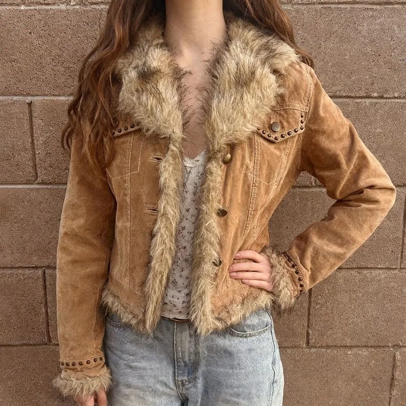 

American Retro Khaki Y2K Fur Collar Spliced Jacket Design Sense Autumn and Winter Denim Casual Top Women