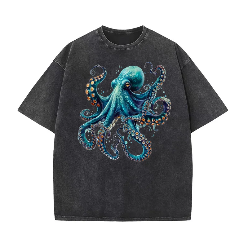 

Cool Blue Octopus Pure Cotton T-shirt Men's Tee Shirt Short Sleeve Male Clothes Fashion Oversized Art Graphic Clothing Printed